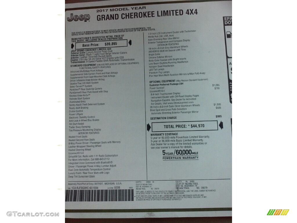 2017 Grand Cherokee Limited 4x4 - Luxury Brown Pearl / Black/Light Frost Beige photo #26