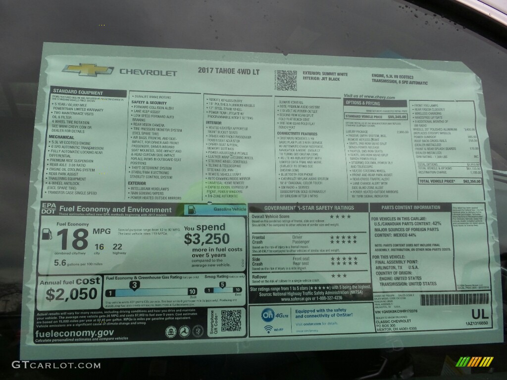 2017 Chevrolet Tahoe LT 4WD Window Sticker Photo #117830540
