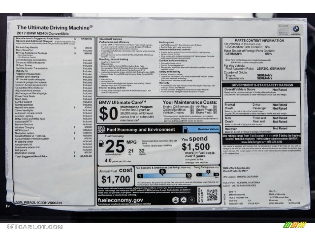 2017 BMW 2 Series M240i Convertible Window Sticker Photo #117842167