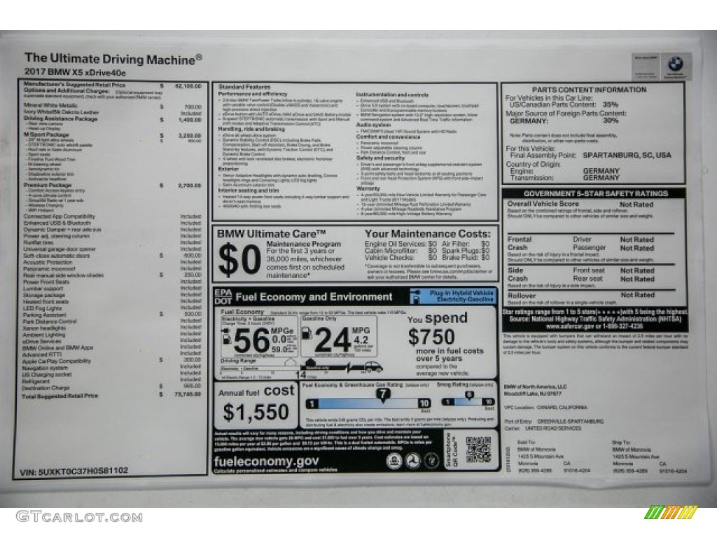 2017 BMW X5 xDrive40e iPerformance Window Sticker Photo #117844791