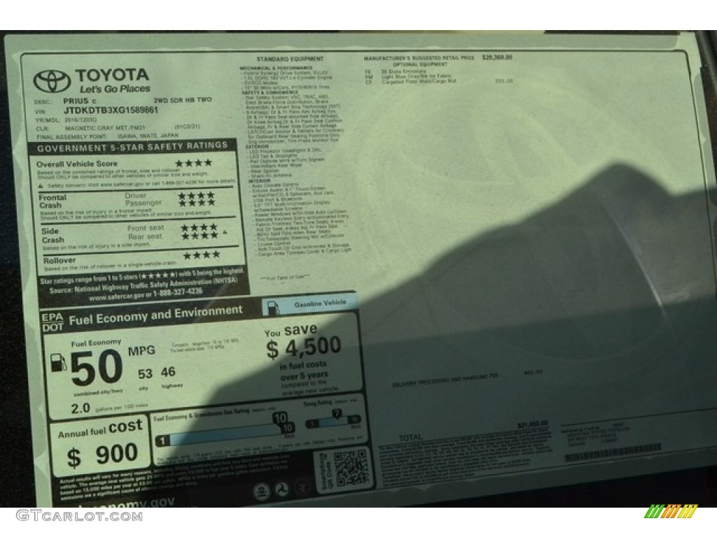 2016 Prius c Two - Magnetic Gray Metallic / Ash/Black photo #10