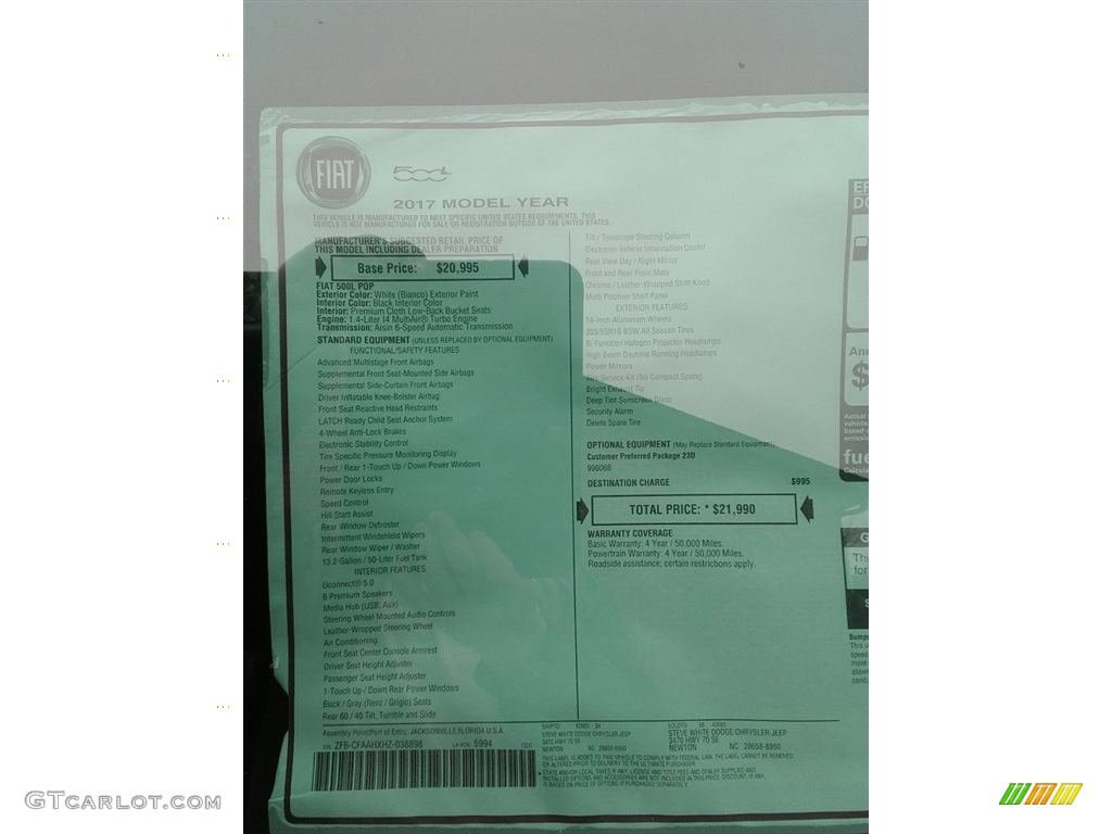 2017 Fiat 500L Pop Window Sticker Photos