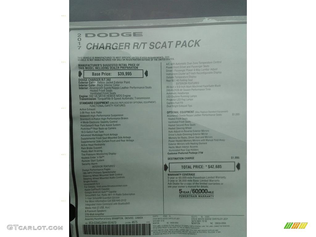 2017 Dodge Charger R/T Scat Pack Window Sticker Photo #117882796