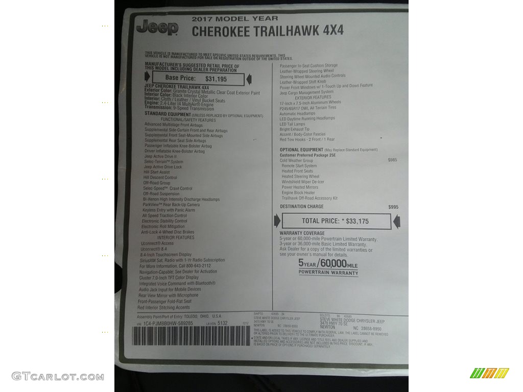 2017 Jeep Cherokee Trailhawk 4x4 Window Sticker Photo #117886135