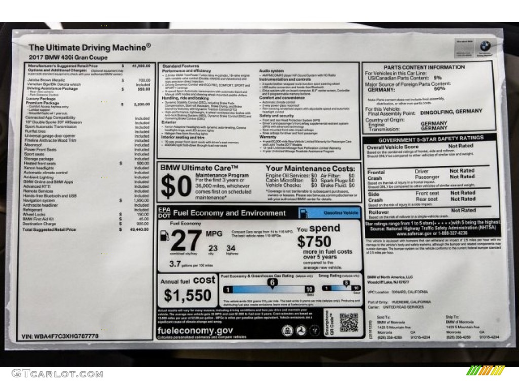 2017 BMW 4 Series 430i Gran Coupe Window Sticker Photo #117940601