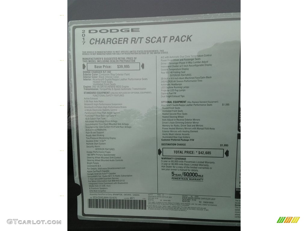 2017 Dodge Charger R/T Scat Pack Window Sticker Photo #117943739