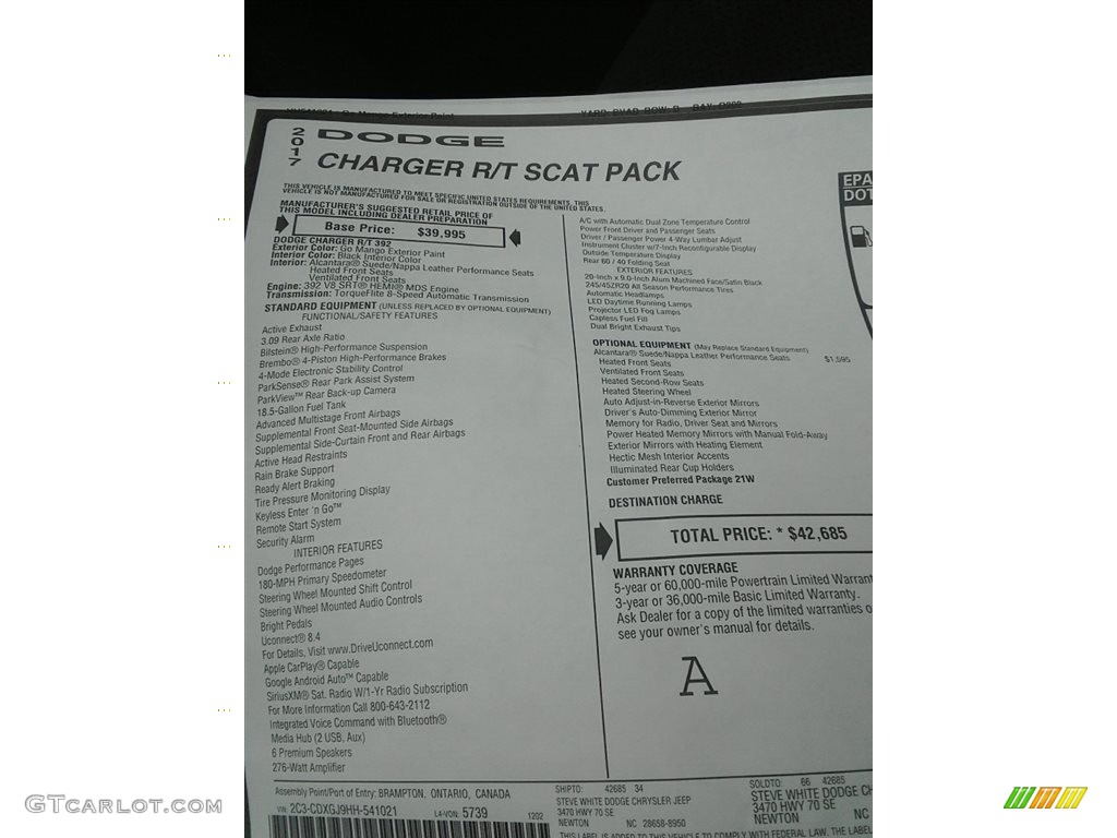 2017 Dodge Charger R/T Scat Pack Window Sticker Photo #117945560