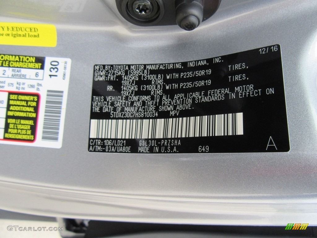 2017 Toyota Sienna SE Color Code Photos