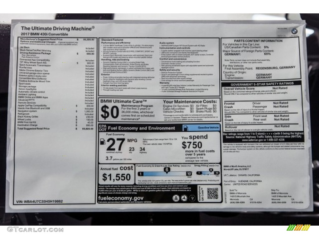 2017 BMW 4 Series 430i Convertible Window Sticker Photo #117970502