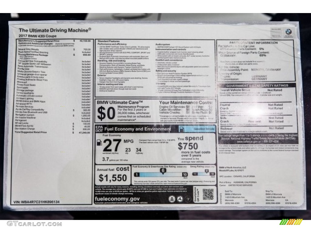 2017 BMW 4 Series 430i Coupe Window Sticker Photo #117979000