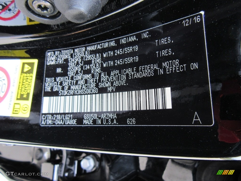 2017 Toyota Highlander SE Color Code Photos