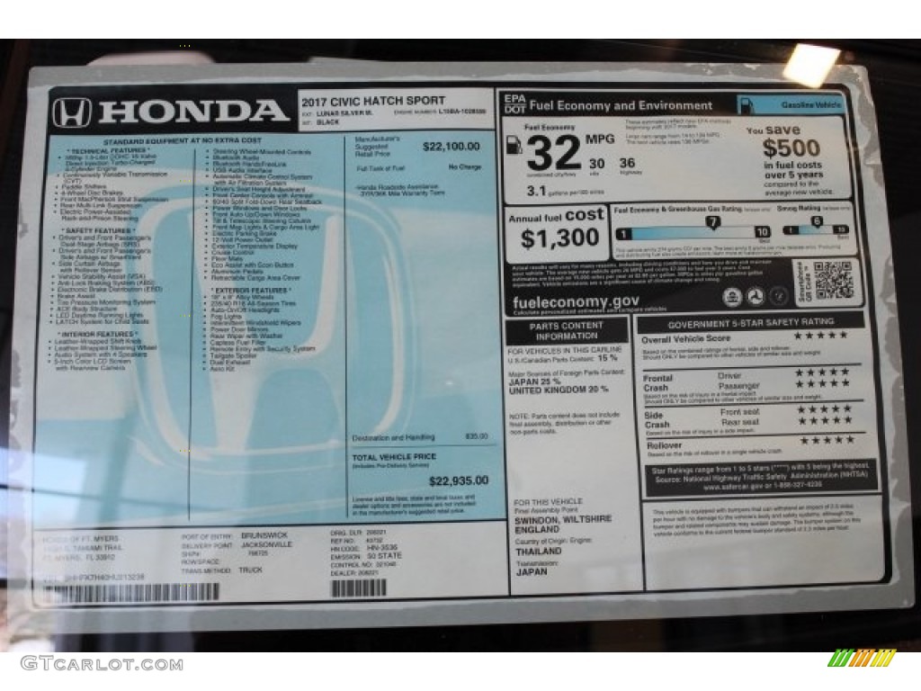 2017 Honda Civic Sport Hatchback Window Sticker Photo #118073487