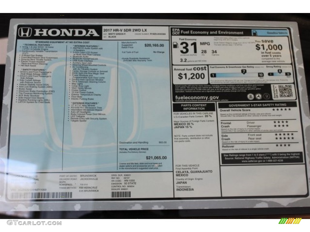 2017 Honda HR-V LX Window Sticker Photo #118079289