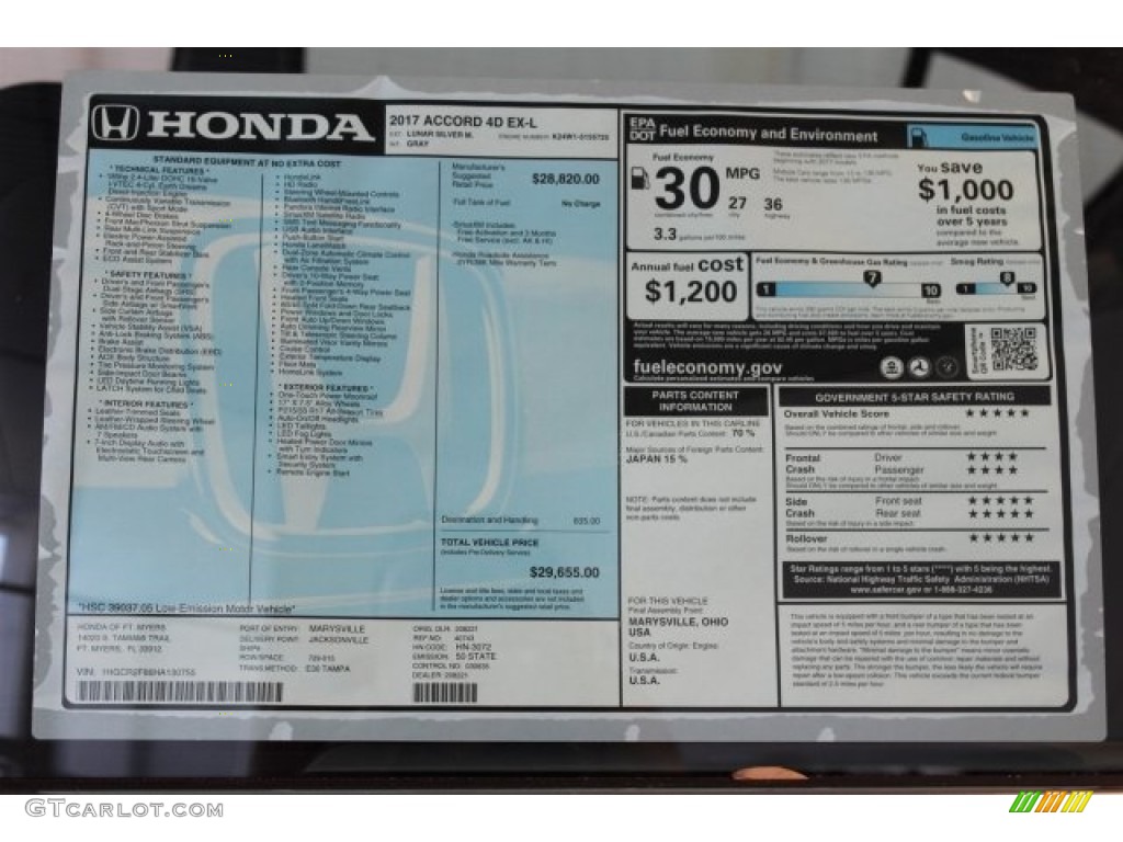 2017 Accord EX-L Sedan - Lunar Silver Metallic / Gray photo #32