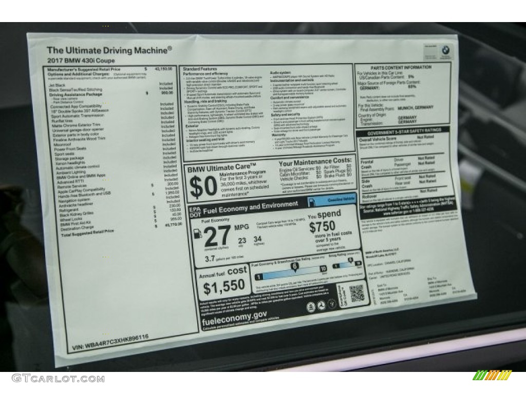 2017 BMW 4 Series 430i Coupe Window Sticker Photo #118119252