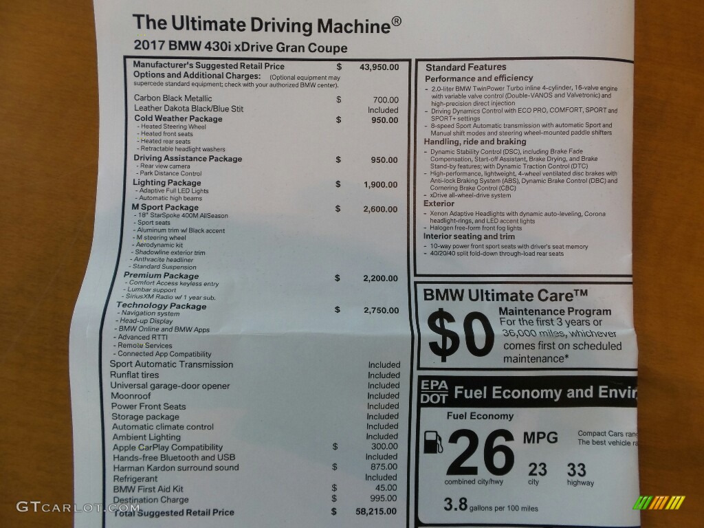 2017 BMW 4 Series 430i xDrive Gran Coupe Window Sticker Photo #118121970