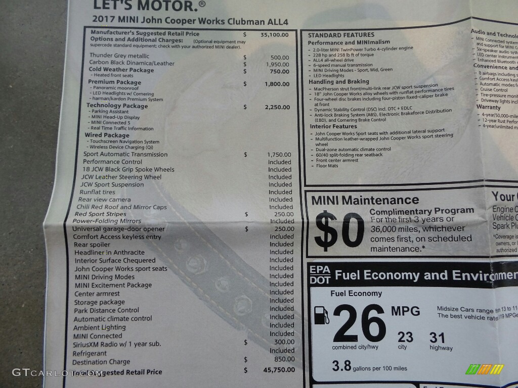 2017 Mini Clubman John Cooperworks ALL4 Window Sticker Photo #118125719