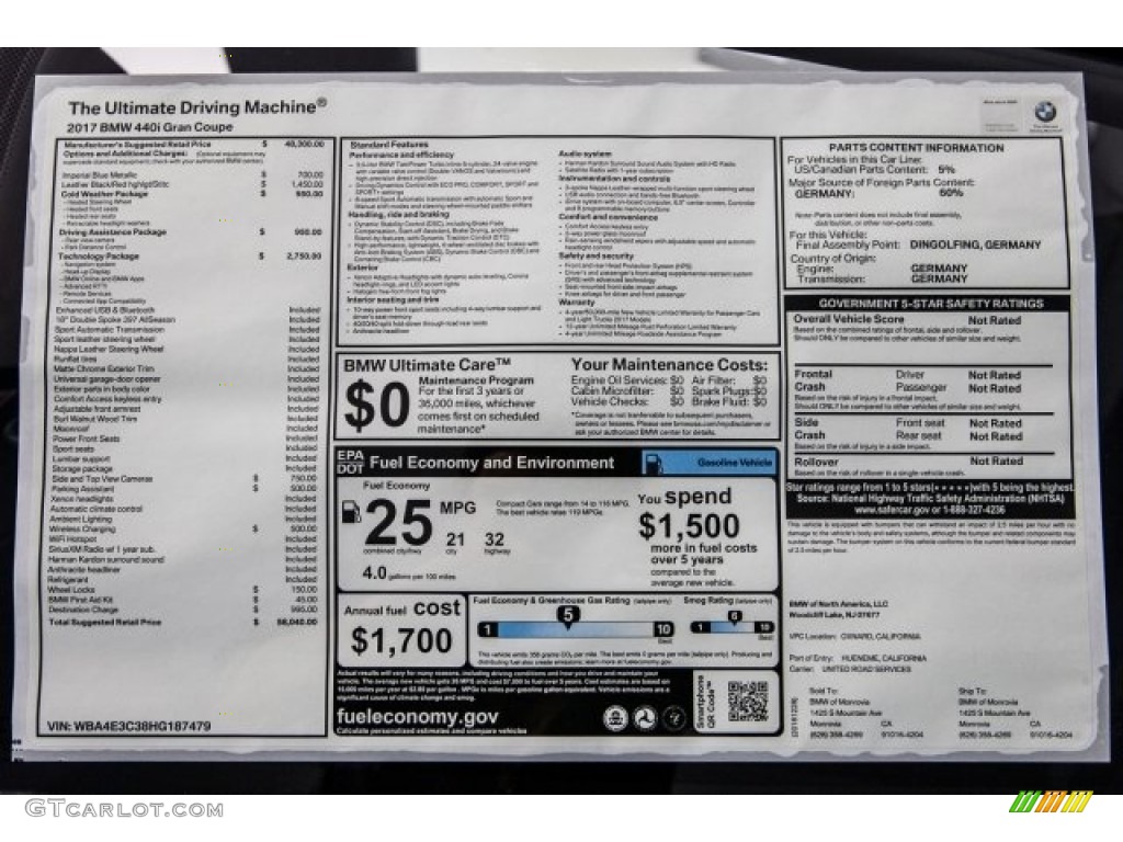 2017 BMW 4 Series 440i Gran Coupe Window Sticker Photo #118128092