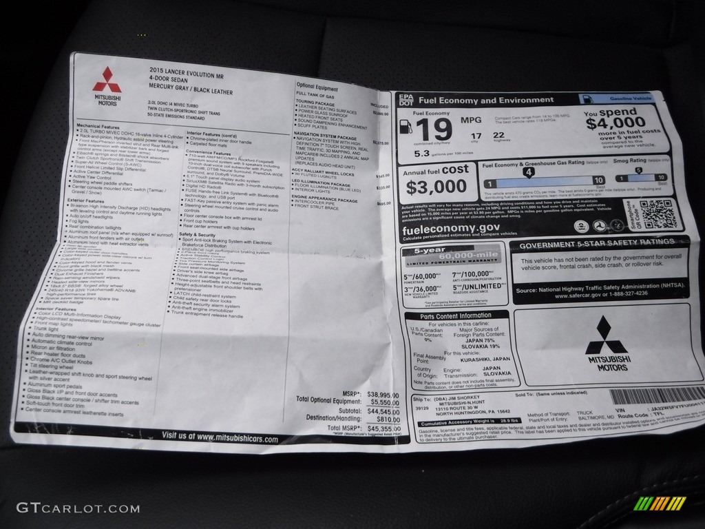 2015 Mitsubishi Lancer Evolution MR Window Sticker Photo #118197137
