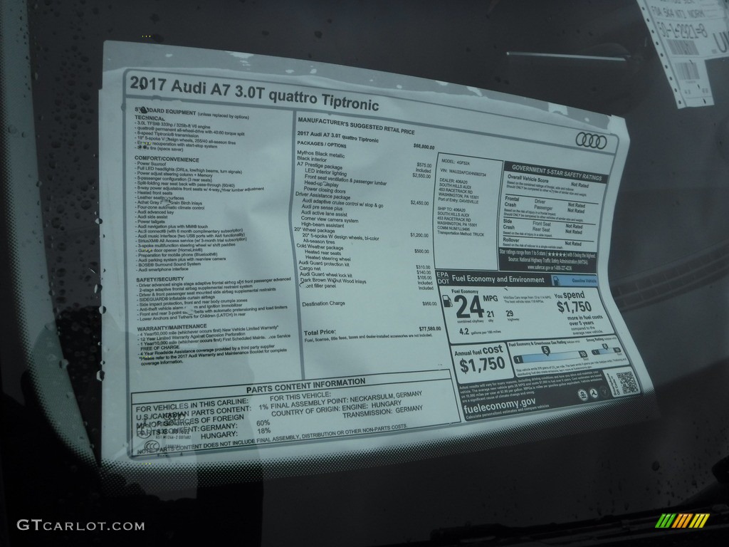 2017 Audi A7 3.0 TFSI Prestige quattro Window Sticker Photo #118197439