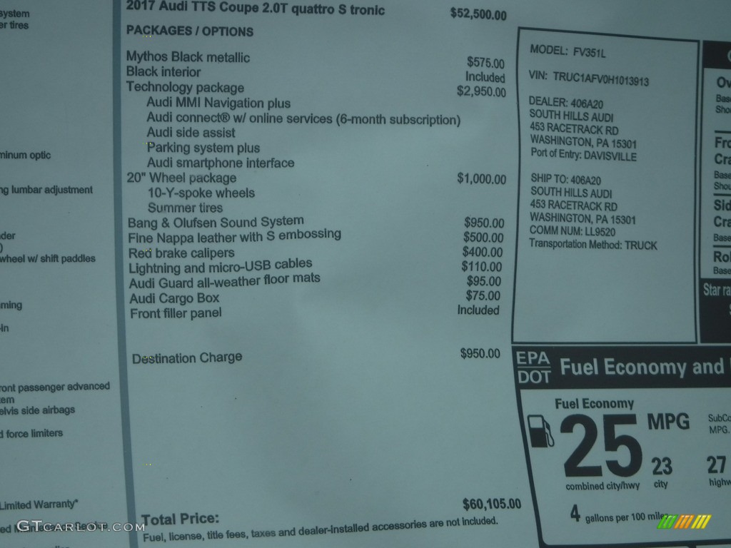 2017 Audi TT S 2.0 TFSI quattro Coupe Window Sticker Photos