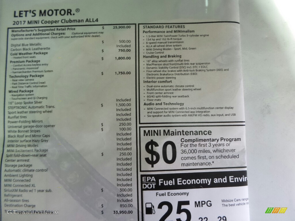 2017 Mini Clubman Cooper ALL4 Window Sticker Photo #118199483
