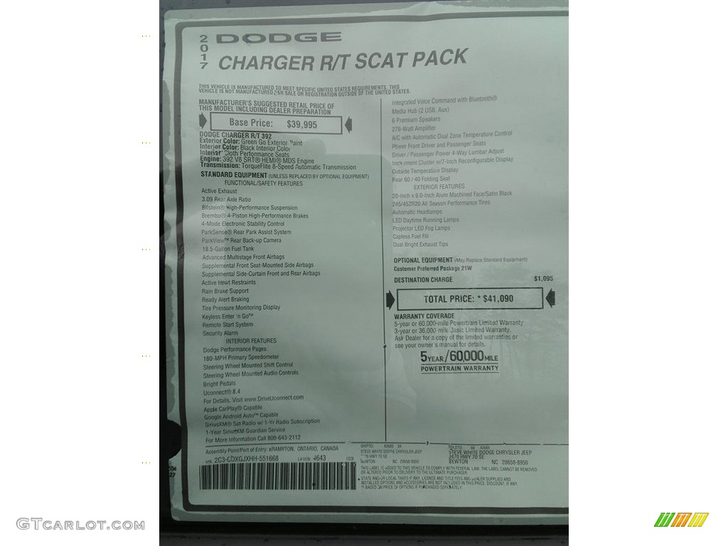 2017 Dodge Charger R/T Scat Pack Window Sticker Photo #118275480