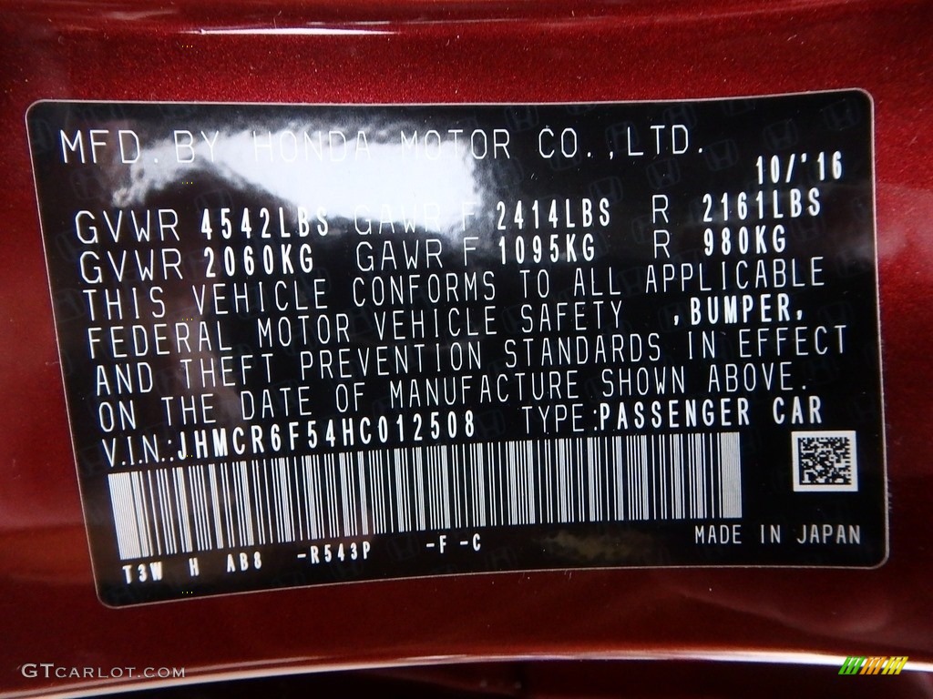 2017 Accord Color Code R543P for Crimson Pearl Photo #118283438