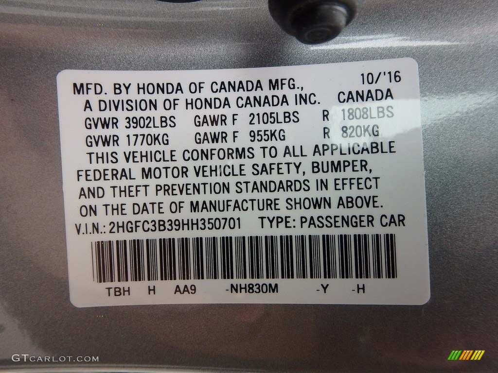 2017 Civic Color Code NH830M for Lunar Silver Metallic Photo #118292400