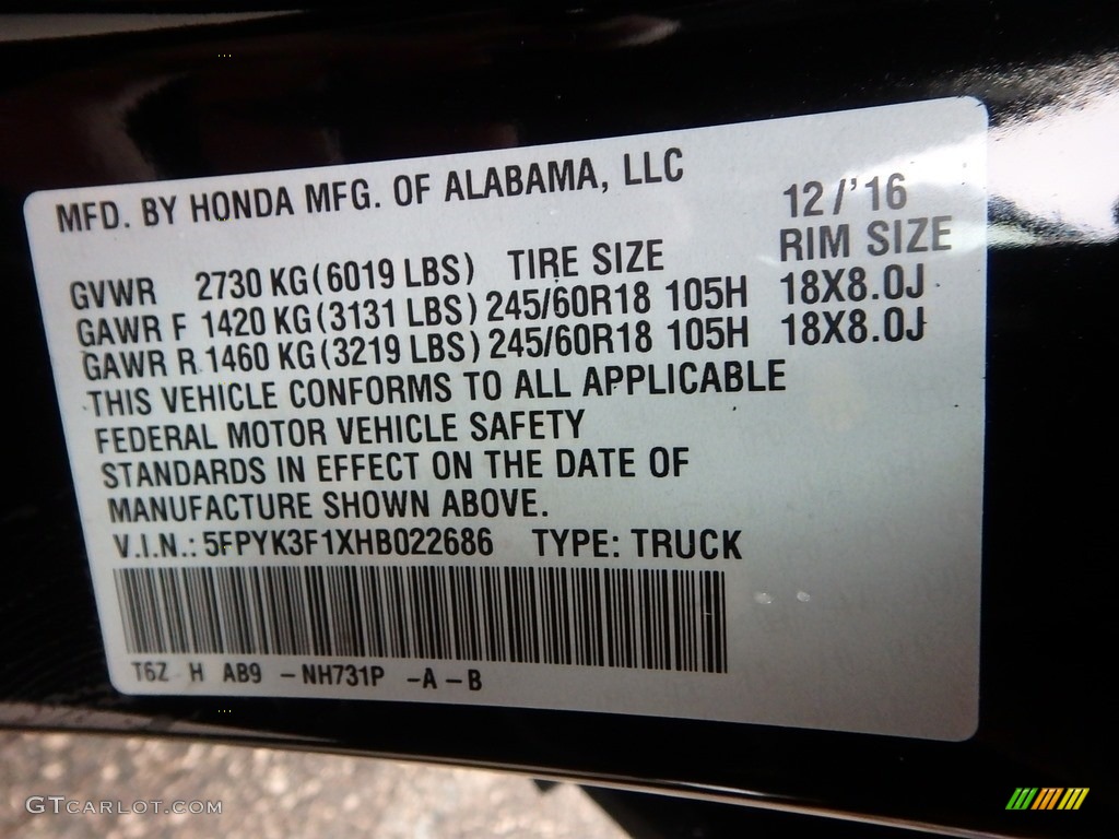 2017 Ridgeline Color Code NH731P for Crystal Black Pearl Photo #118298832