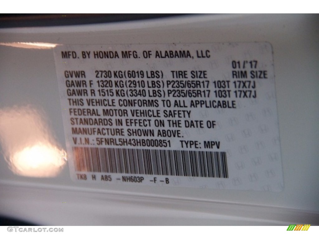 2017 Odyssey Color Code NH603P for White Diamond Pearl Photo #118303488