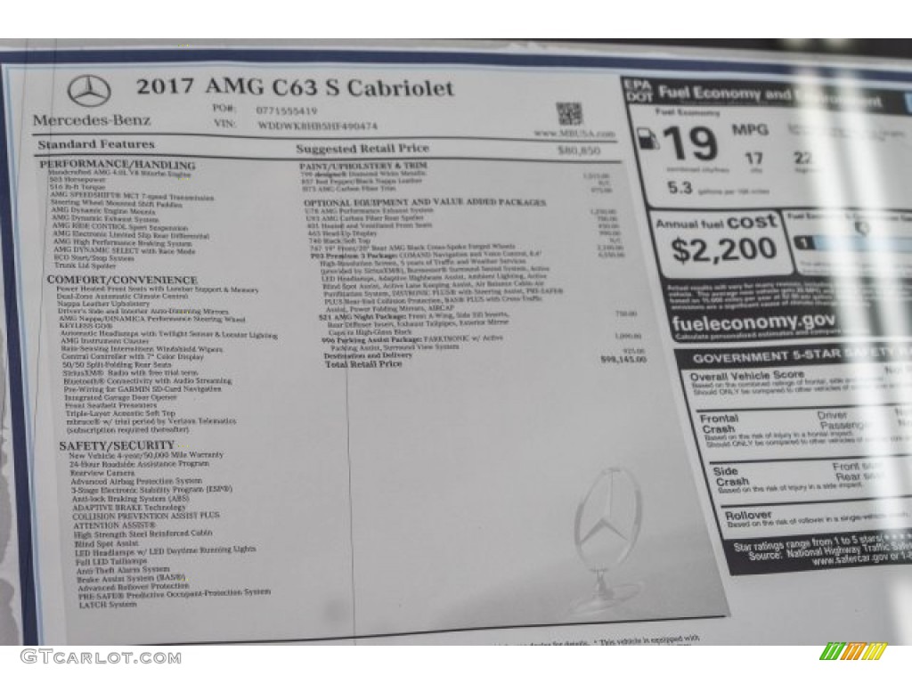 2017 Mercedes-Benz C 63 AMG S Cabriolet Window Sticker Photo #118310633