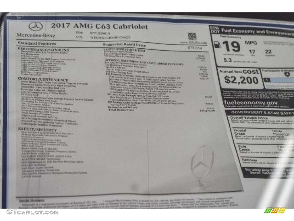 2017 Mercedes-Benz C 63 AMG Cabriolet Window Sticker Photo #118312013