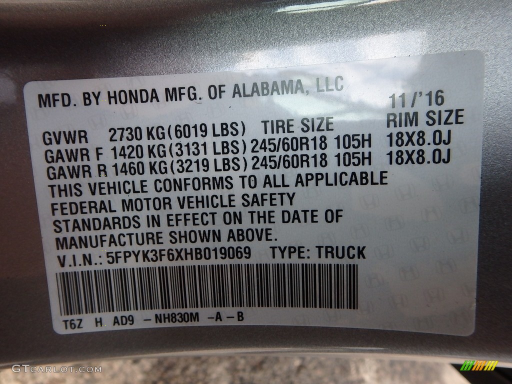 2017 Ridgeline Color Code NH830M for Lunar Silver Metallic Photo #118314380