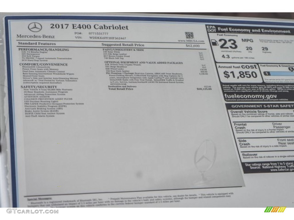 2017 Mercedes-Benz E 400 Cabriolet Window Sticker Photo #118314477