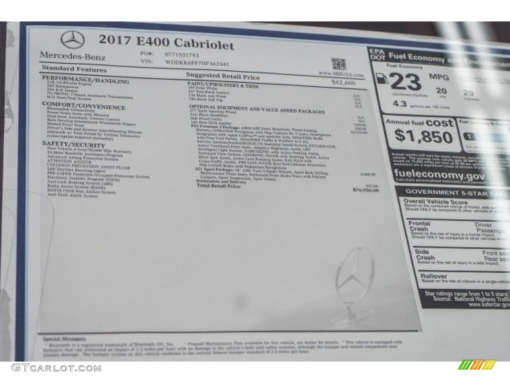 2017 Mercedes-Benz E 400 Cabriolet Window Sticker Photo #118314701