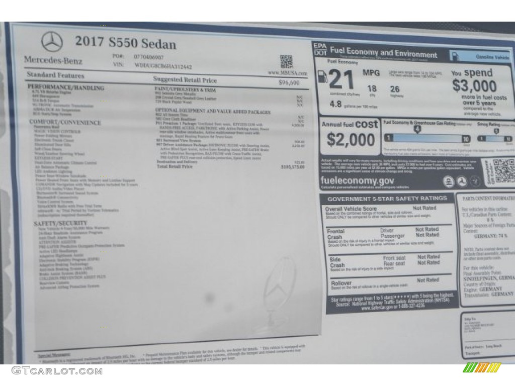 2017 Mercedes-Benz S 550 Sedan Window Sticker Photo #118315656