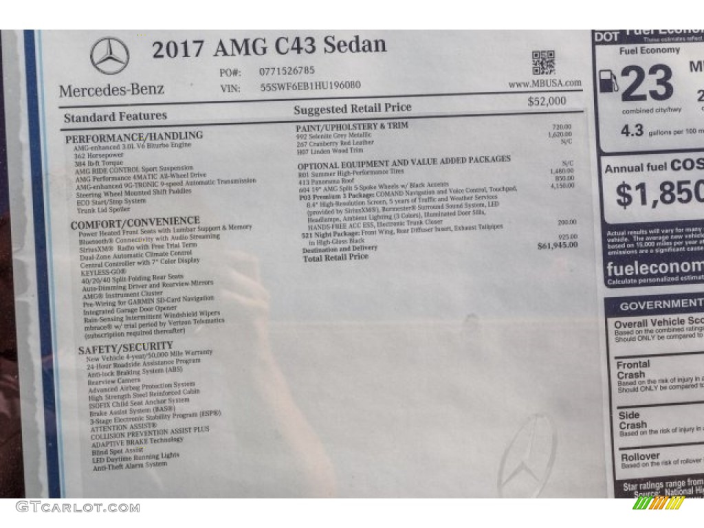 2017 Mercedes-Benz C 43 AMG 4Matic Sedan Window Sticker Photo #118322576
