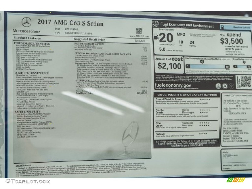2017 Mercedes-Benz C 63 S AMG Sedan Window Sticker Photo #118322822