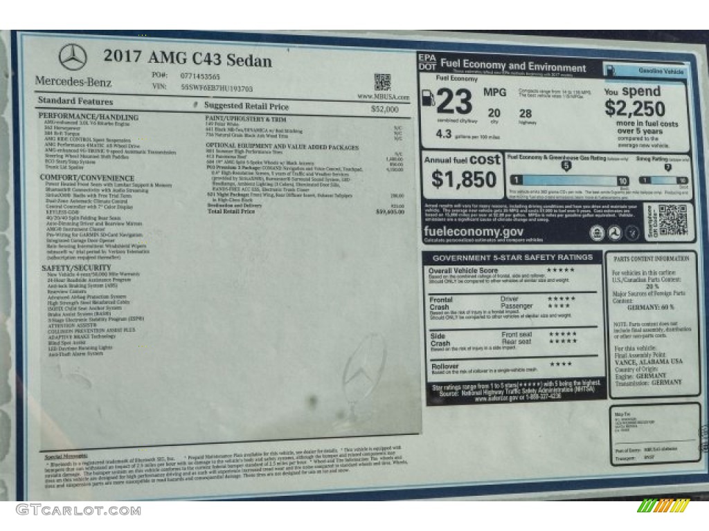 2017 Mercedes-Benz C 43 AMG 4Matic Sedan Window Sticker Photo #118323044