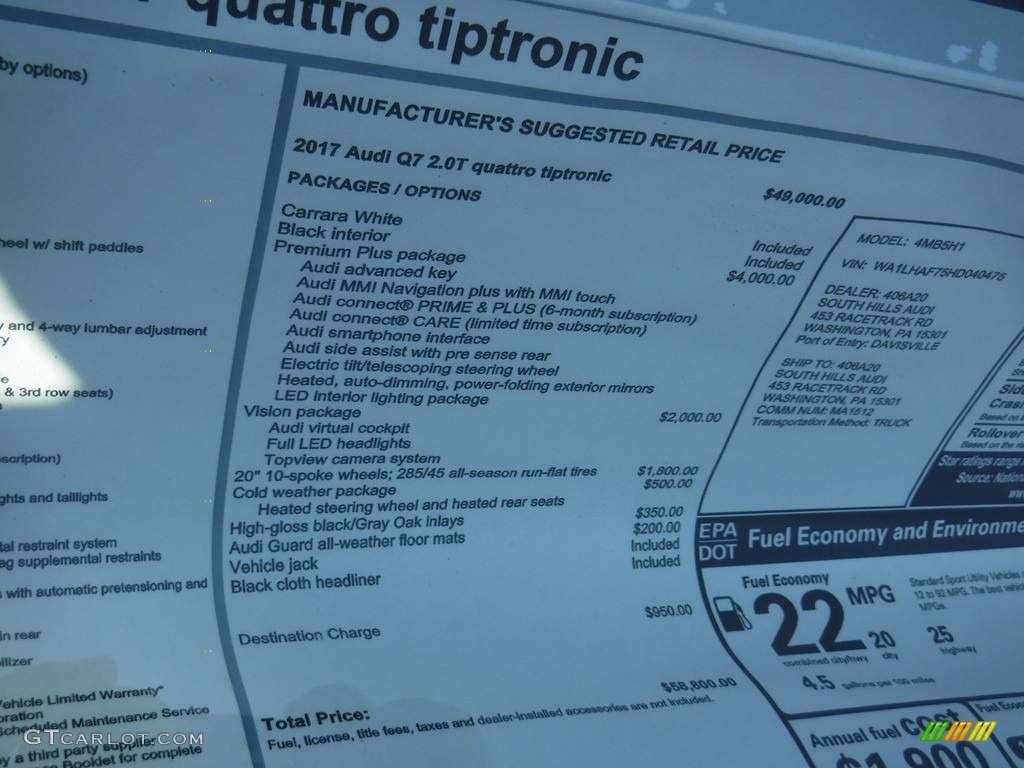 2017 Audi Q7 3.0T quattro Premium Plus Window Sticker Photos
