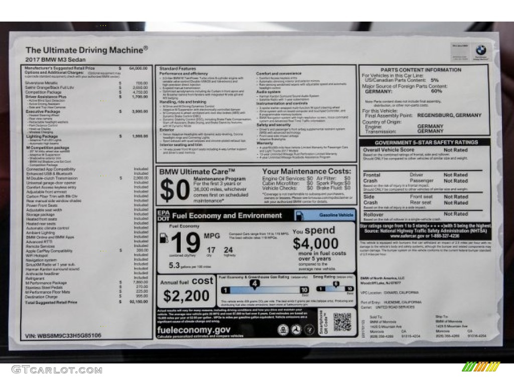 2017 BMW M3 Sedan Window Sticker Photo #118349803