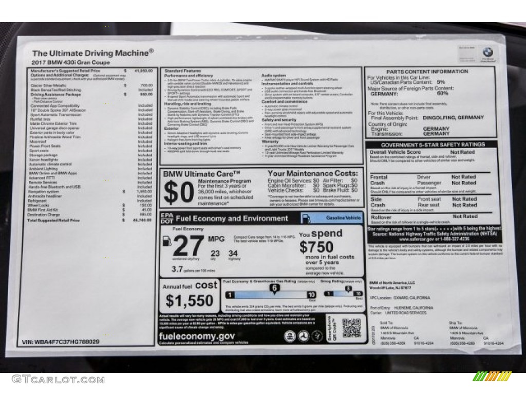 2017 BMW 4 Series 430i Gran Coupe Window Sticker Photo #118370889