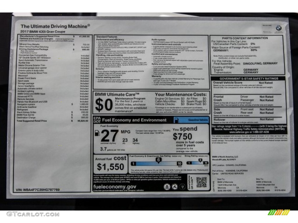 2017 BMW 4 Series 430i Gran Coupe Window Sticker Photo #118371125