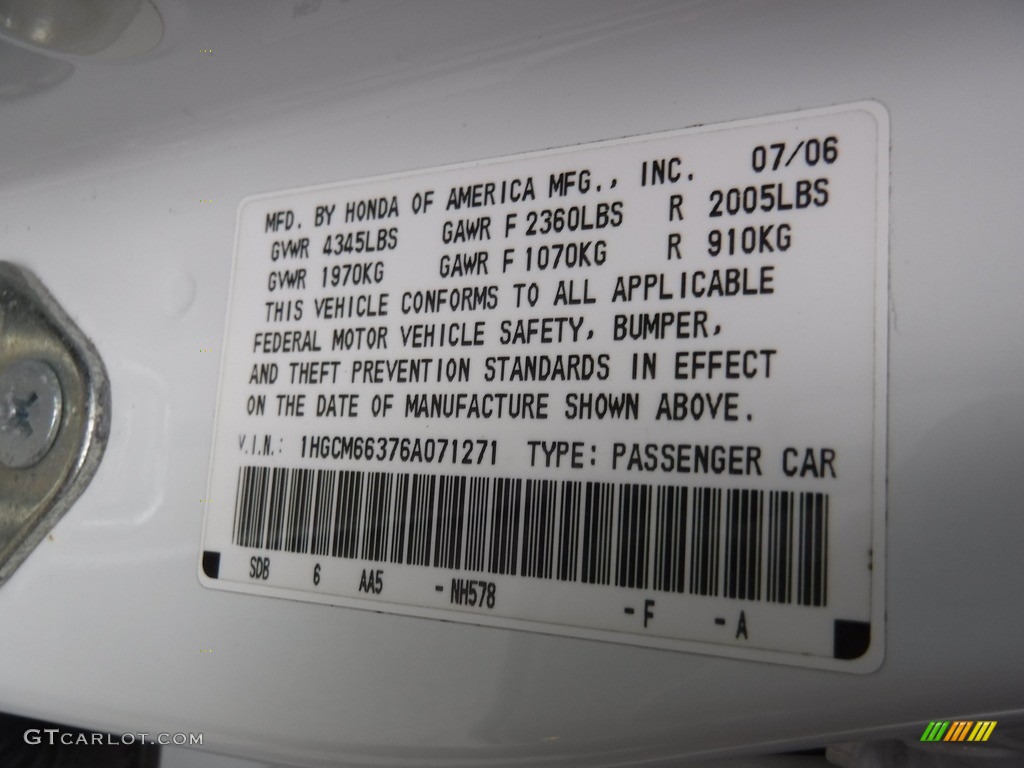 2006 Accord LX V6 Sedan - Taffeta White / Ivory photo #24
