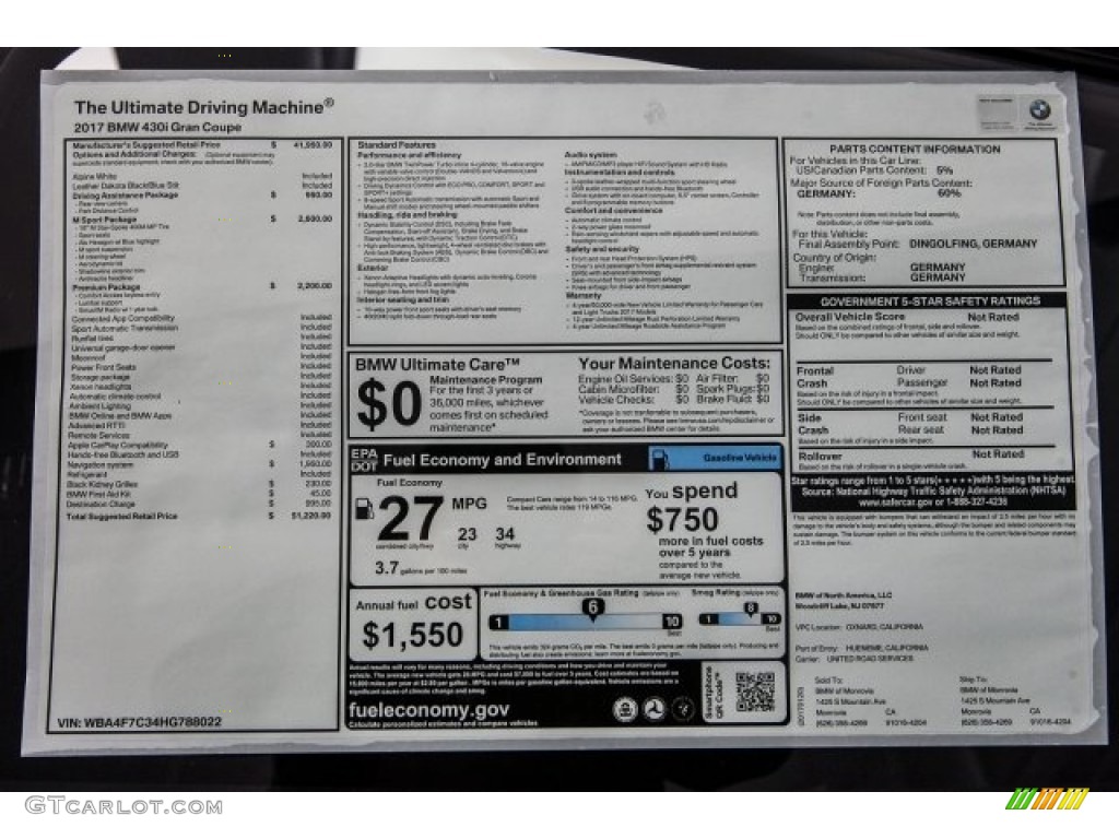 2017 BMW 4 Series 430i Gran Coupe Window Sticker Photo #118386002