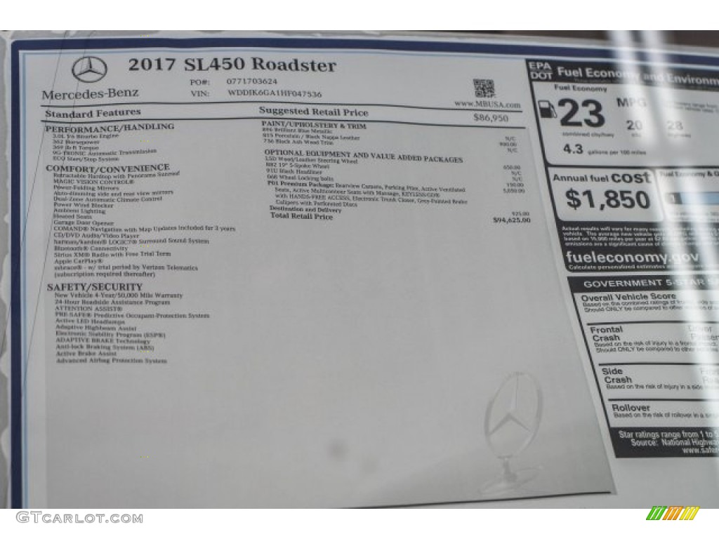 2017 Mercedes-Benz SL 450 Roadster Window Sticker Photo #118386944