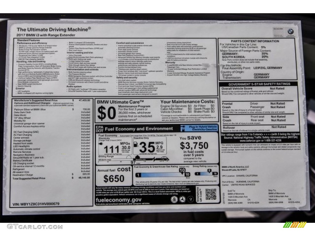 2017 BMW i3 with Range Extender Window Sticker Photo #118390601