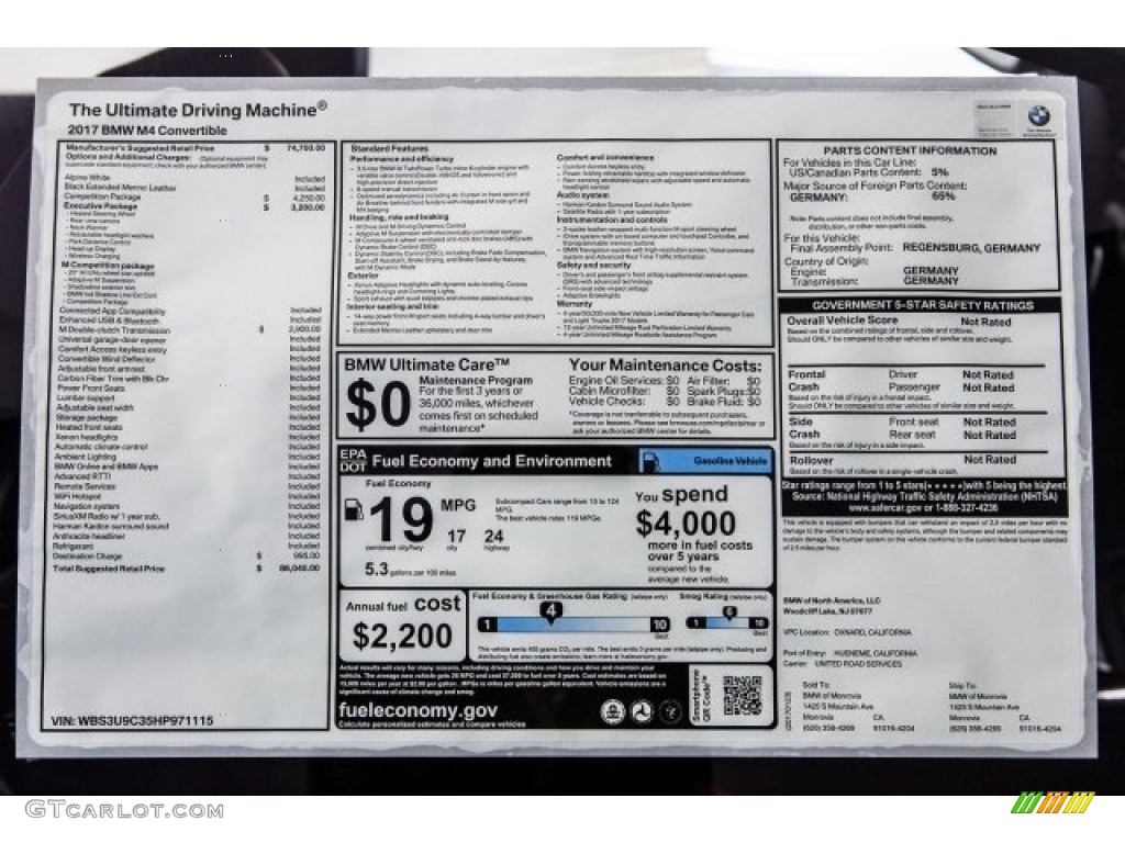 2017 BMW M4 Convertible Window Sticker Photo #118390808