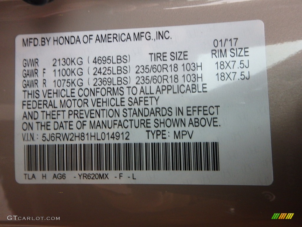 2017 CR-V Color Code YR620MX for Sandstorm Metallic Photo #118416157